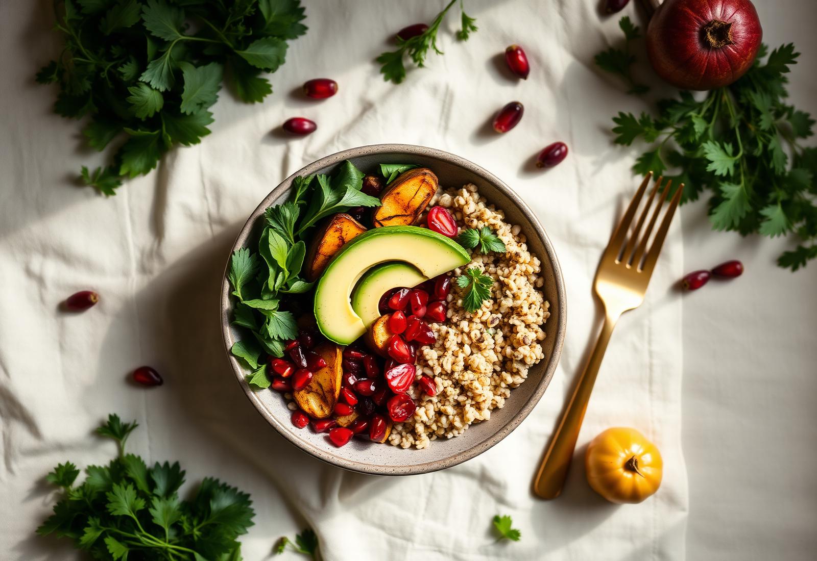 Bunte vegane Buddha Bowl mit Avocado, Quinoa und Granatapfel